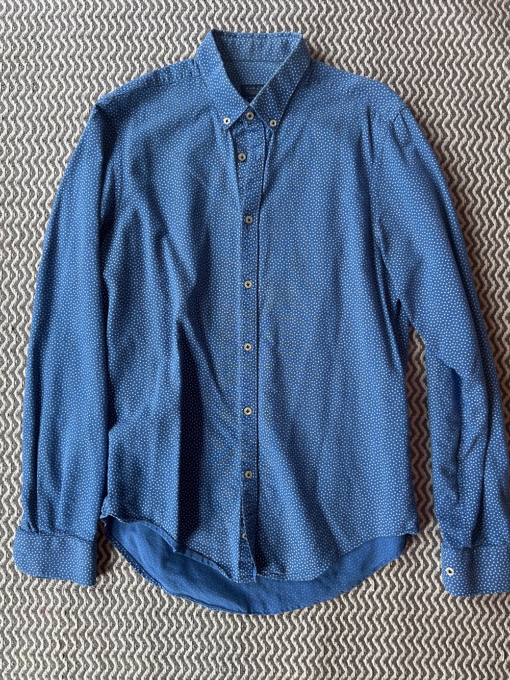 Zara Men's Navy Blue Micro-Pattern Button-Down Shirt